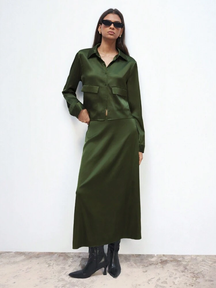 SHEIN Maija Women's Military Green Everyday Casual Versatile Front Pocket Detail Long Sleeve Blouse, Autumn/Winter & Christmas