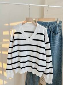 SHEIN Teen Girl Casual College/Black And White Striped Pattern Off-Shoulder V-Neck Sweater,In Fall/Winter - Black and White - View 1