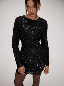 Forever 21 Christmas Party Round Neck Jacquard Sequin Slim Fit Mini Bodycon Long Sleeve Black Dress, New Winter Winter Women Clothes Thanksgiving Women Outfit Long Sleeve Women Christmas Women Clothes Christmas Outfits Long Sleeve Dress Christmas Women Dress Christmas Party Dress Mini Christmas Women Clothes Holiday Cute Outfits Winter - Black - View 6