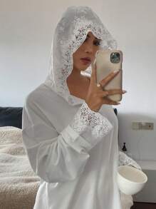 Livesso 女式蕾丝拼布宽松连帽白色长袖T恤，秋季服装 - 白色 - 查看 7