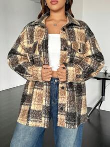 SHEIN EZwear Abrigo holgado de talla grande con caída en los hombros y estampado de cuadros retro, para otoño/invierno - Multicolor - Ver 6