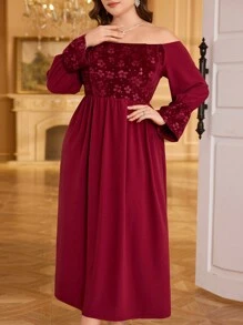 Modelyn 大码露肩提花针织连衣裙，优雅，适合圣诞节勃艮第红长款女士装长款晚礼服 - 酒紅色 - 查看 6