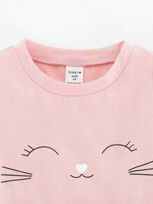 SHEIN 2pcs/Set Young Girl Round Neck Short Sleeve Printed Minimalist Top And A-Line Skirt