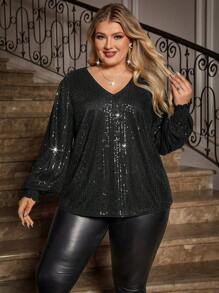 SHEIN Clasi Blusa larga de manga larga con escote en V y cuentas suelta para mujer de talla grande