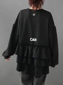 FRIFUL Women's Letter Print Round Neck Drop Shoulder Long Sleeve Ruffle Hem Loose T-Shirt, Autumn,Fall Women Clothes - Black - View 5