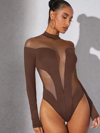 Hauture Body donna con colletto alla coreana, con inserti in rete e maniche lunghe, di colore tinta unita