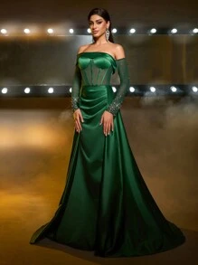 Glamrae Elegant Off Shoulder Mesh Sheer Long Sleeve Luxury Handmade Beaded Dress, Fishbone Waist See-Through High Slit Fish Tail Flowing Prom Dress With Train, Wedding Guest Dress
