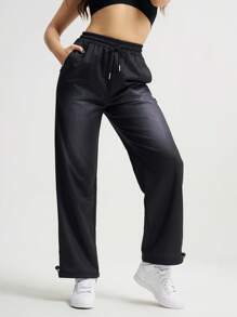 SHEIN Sports Quần thể thao cạp chun rút màu trơn cho nữ có túi ở eo và bo gấu ở mắt cá chân - màu đen - Xem 3