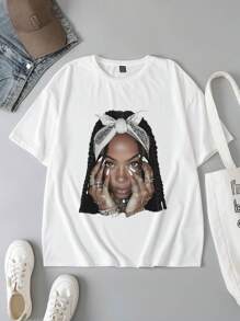 Slaydiva Áo thun cổ tròn tay ngắn in họa tiết thời trang đường phố cổ điển dành cho nữ, mùa hè - trắng - Xem 3