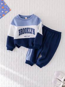 Cozy Pixies 2 pièces Ensemble de sweat-shirt col rond en tricot doux avec imprimé lettre bicolore et pantalon de jogging pour bébé garçon