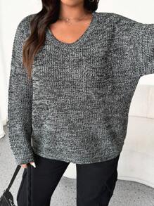 Flirla Women Plus Fashionable Floral Pattern Pocket Patched Round Neck Long Sleeve Sweater, Suitable For Autumn And Winter Knit Pullover Fall - Black and White - View 1