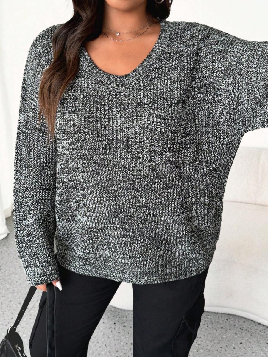 Flirla Women Plus Fashionable Floral Pattern Pocket Patched Round Neck Long Sleeve Sweater, Suitable For Autumn And Winter Knit Pullover Fall - Black and White - View 1