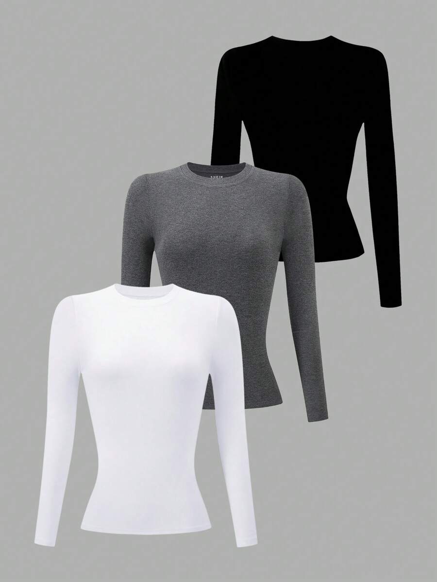 Airaco 3 Piezas Camisetas de manga larga de cuello redondo de color liso para mujer