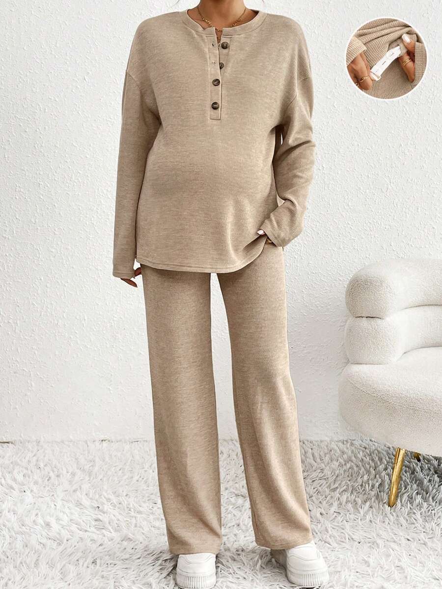 SHEIN 2pcs Maternity Set - Round Neck Long Sleeve Top And Long Pants - Khaki - View 1