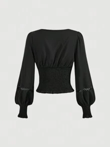 SHEIN MOD 复古浪漫蕾丝边白色女式长袖衬衫 - 黑色 - 查看 2