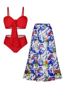 Swim Oasis Plus Size Women Oasis Three Pieces Set, Solid Color Lace-Up Spaghetti Strap Camisole & Shorts Set With Random Printed Belt & Maxi Skirt Summer