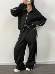 INAWLY Damska jesienna bluza z długimi rękawami i obniżonymi ramionami, zapinana na suwak i luźne spodnie, 2 sztuki - Czarne - Zobacz 6