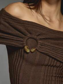 MISSGUIDED Ribbed Knit Off Shoulder Sweater Winter Autumn Long Sleeve Button Detail Cozy Wrap Style Casual Fashion Slim Fit Pullover Top - Coffee Brown - View 7