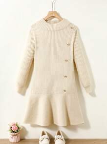Tween Girls Fitted Turtleneck Fleece Splice Ruffle Trim Button Decor Long Sleeve Dress For Fall/Winter, Casual Fashion - Apricot - View 1