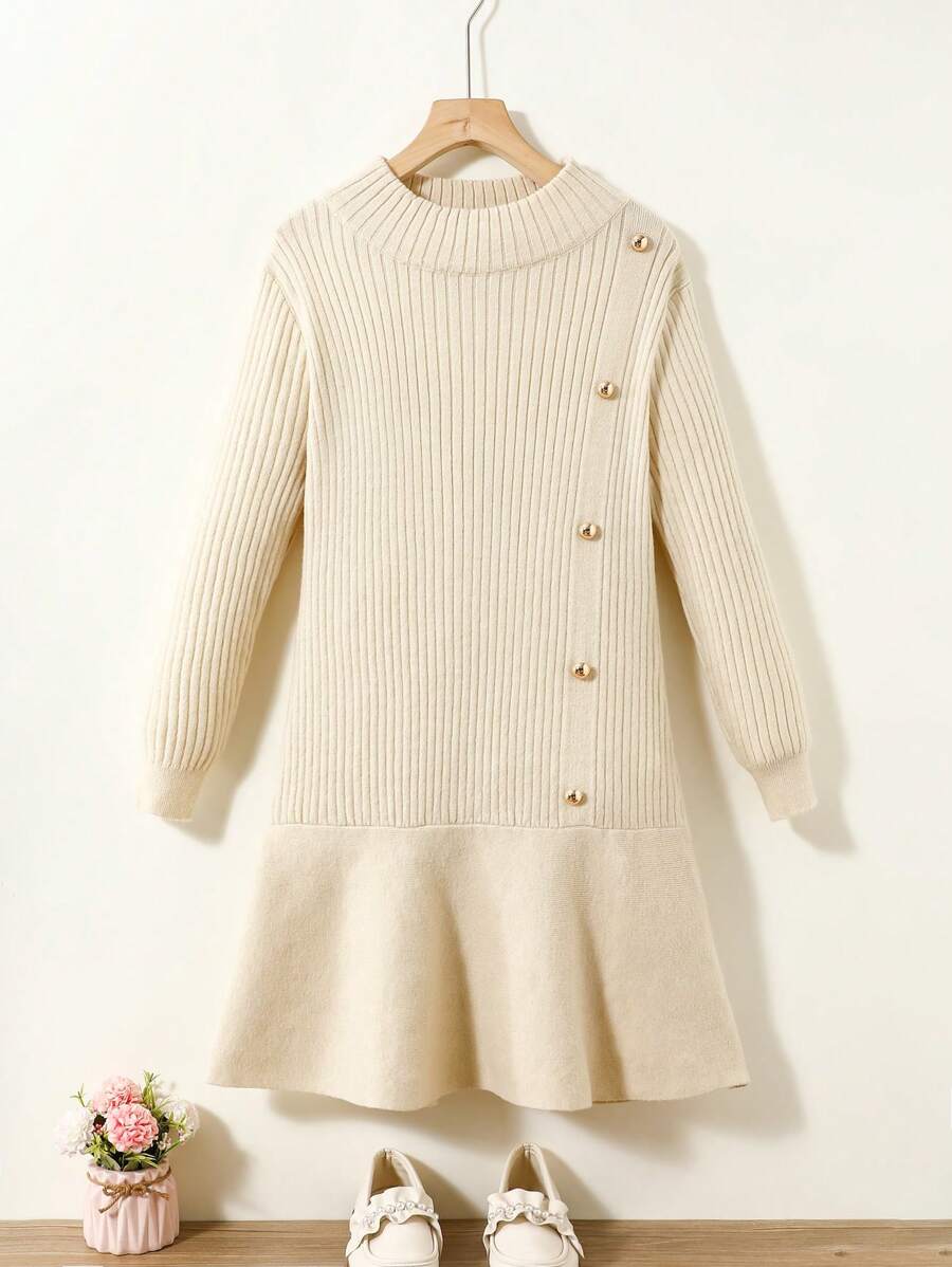 Tween Girls Fitted Turtleneck Fleece Splice Ruffle Trim Button Decor Long Sleeve Dress For Fall/Winter, Casual Fashion - Apricot - View 1