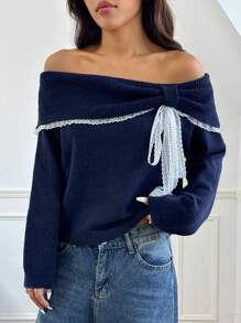 Flirla Women Off Shoulder Casual Cute & Playful Contrast Lace Short Sweater Knit Pullover Fall Winter Outfit - Navy Blue - View 4