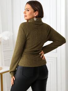 SHEIN Clasi Plus Size Solid High Neck Ruched Elegant Long Sleeve T-Shirt