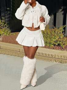 Slaydiva 2024 年新款感恩节女装，女士冬装短款白色泰迪夹克，宽翻领，人造毛皮衬里，宽松摩托车风格长袖外套，秋冬 - 白色 - 查看 6