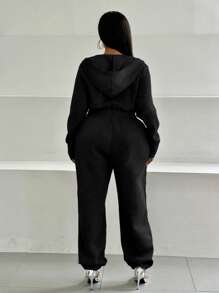 Maweii Plus Size Solid Color Front Zipper Long Sleeve Casual Jumpsuit With Pockets - Black - View 2