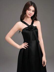 SHEIN 少女黑色手工立体花朵吊带修身露肩露背不对称舞会礼服，适合生日派对、万圣节礼服、化妆舞会、派对、节日庆典、婚礼花童、舞台表演、圣诞礼服、感恩节礼服 - 黑色 - 查看 5