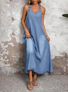 SHEIN LUNE Women's Backless Ring One-Piece Long Casual Vacation Loose Off-Shoulder Denim Dress