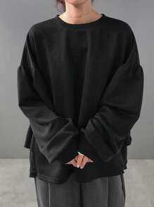 FRIFUL Women's Letter Print Round Neck Drop Shoulder Long Sleeve Ruffle Hem Loose T-Shirt, Autumn,Fall Women Clothes - Black - View 4