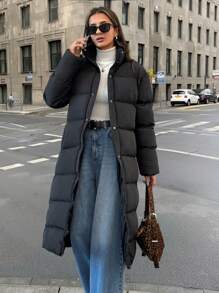 SHEIN Cottnline 女士黑色高领羽绒口袋细节冬季外套 - 黑色 - 查看 2