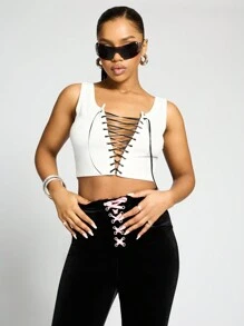 SUMWON WOMEN Music Festival Lace Tie Front Detail Crop Top - White - View 5