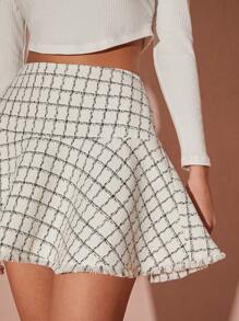Enchnt Autumn/Winter Romantic Women's White Plaid Sweet Cute Elegant High Waist Patchwork Tassel Hem Tweed Mini Skirt,Fashionable Outfits For Thanksgiving&Christmas Party&Everyday Date&Daily Commuting&Office Wear