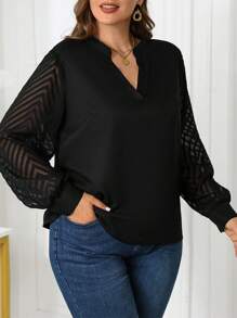 SHEIN Clasi Curvy Plus Size Women's Black Solid Color Notch Neck Textured Fabric Spliced ​​Long Sleeve Lantern Sleeve Elegant Blouse, Suitable For Spring, Autumn And Winter, Business Commuting Professional Shirt, Going Out, Christmas, New Years Women - Black - View 7