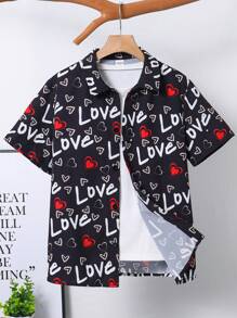 SHEIN Leap Crew Kids/Tween Boys' Casual Street Style Letter Full Print Pattern Turndown Collar Button-Down Short Sleeve Woven Shirt, Spring Valentine's Day Heart - Multicolor - View 2