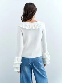 Maija Women's Elegant Ruffled Collar Wave Hem Multi-Layer Sleeve Soft & Comfy White Sweater, Suitable For Daily Wear, Party, Valentine's Day