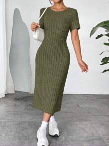 SHEIN EZwear 橄榄绿色针织女式紧身连衣裙 - 軍綠色 - 查看 5