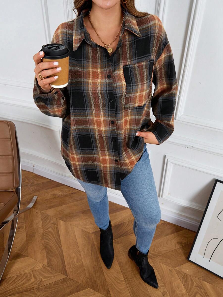 SHEIN LUNE 大码女装秋冬彩色格子图案衬衫，长袖口袋设计，休闲衬衫，适合感恩节和节假日穿着。 - 彩色 - 查看 1