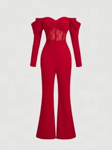 SHEIN MOD 1pc Off-Shoulder Sheer Lace Bralette & Flared Jumpsuit Set - Red - View 1