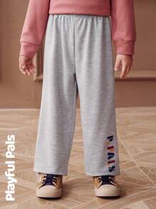 SHEIN 1 件装男童字母印花运动裤，可爱/复古/休闲/居家/外出，秋冬季 - 灰色 - 查看 4