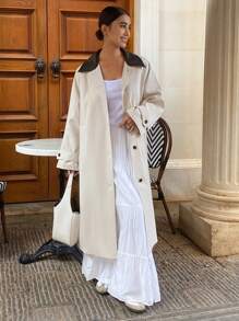 DAZY Women's Fashion Long Contrast Color Collar Trench Coat