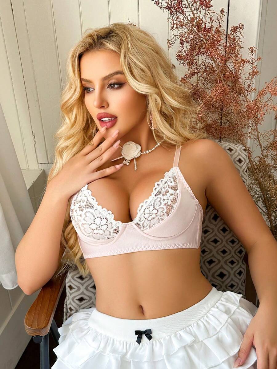 Floral Lace Satin Bralette Bra, Sweet & Elegant In Pink Or White With Bowknot Decor, Women Lingerie - Pink - View 1