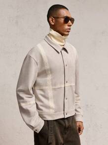 AKNOTIC Business Casual 男士宽松杏色针织翻领夹克，长袖，适合休闲穿着，色块，蕾丝花边，金属纽扣，度假轻便夹克，适合朋友、丈夫、男朋友的礼物，适合秋冬 - 杏色 - 查看 4
