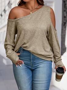 Calvaya 大码女式不对称领纯色长袖休闲卫衣，秋季，毕业季，教师节，返校季套头衫 - 杏色 - 查看 4