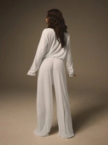 Athîral 2pcs Women White Color Pointelle Round Neck Long Sleeve Simple Top And Pants Set Pajamas Winter Summer Fall - White - View 4