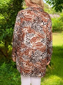 SHEIN LUNE Große Größen Vintage Leoparden-Muster Langarm-Hemd für Herbst/Winter Urlaub - Verschiedenfarbig - Übersicht 2