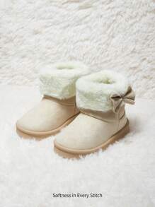 Cozy Pixies 米色女婴蝴蝶结毛绒时尚保暖可爱舒适休闲运动雪地靴，适合日常锻炼和户外活动，秋冬季鞋款 - 米色 - 查看 4