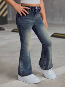 SHEIN Young Girl Y2K Retro Blue Denim Elastic Flare Pants,Girl Fall And Winter Clothes,Cute Denim Jeans
