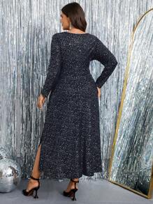 SHEIN Clasi 大码 V 领长袖休闲开衩直筒连衣裙